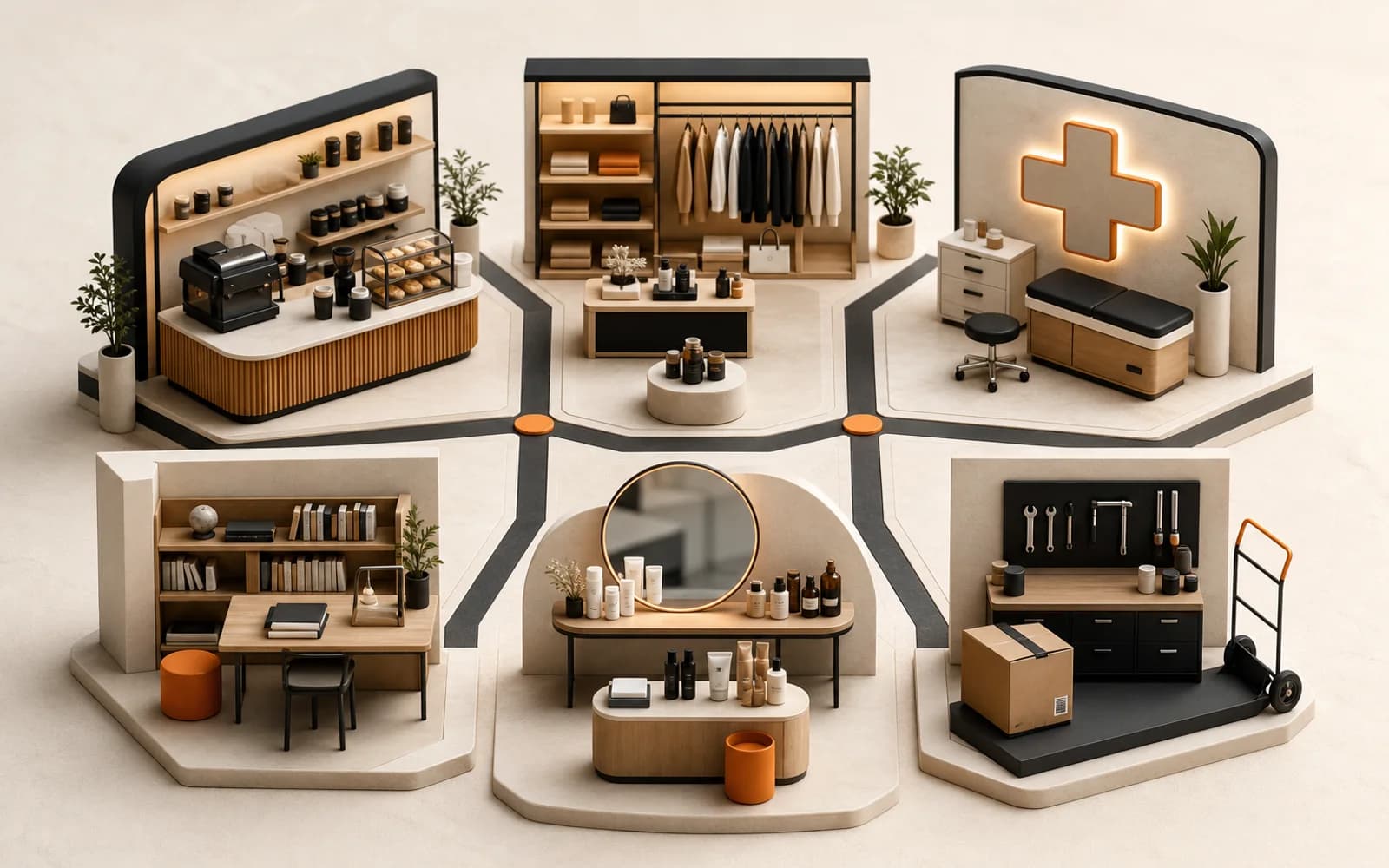 Six miniature franchise environments representing the industries Cannar supports